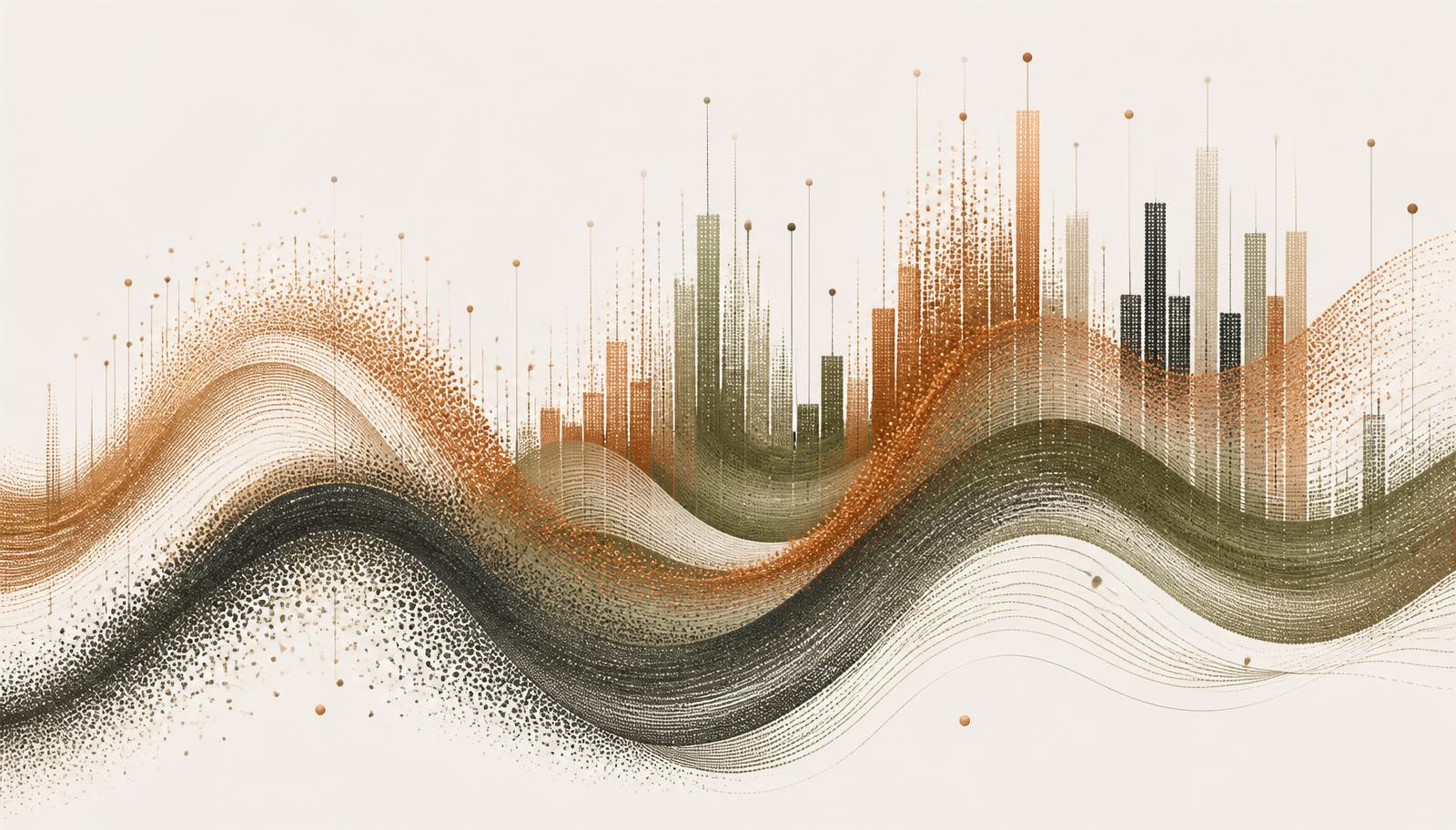 Abstract illustration of flowing data streams forming layered waveforms and bar structures