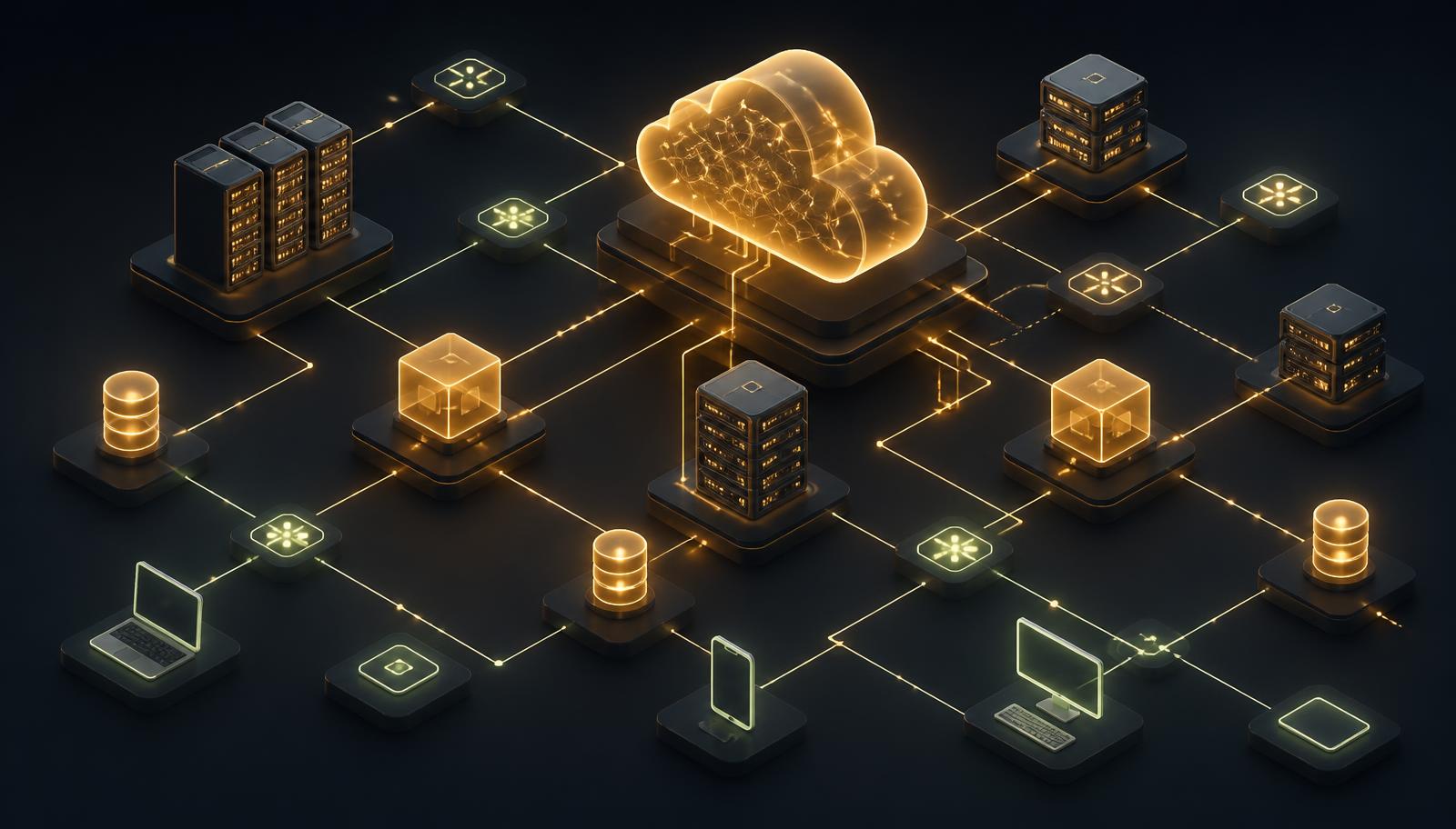Isometric illustration of cloud infrastructure with servers, databases and network connections