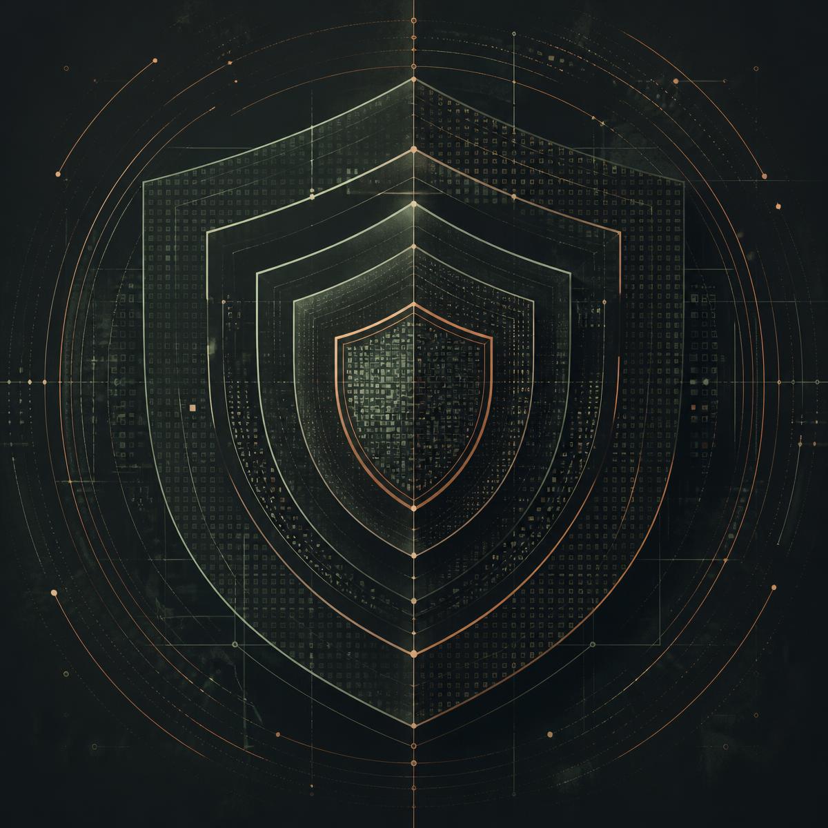 Abstract layered shield illustration made of thin concentric lines and data blocks