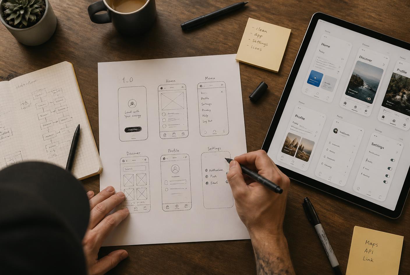 Designer sketching mobile application wireframes on paper beside a tablet showing interface screens